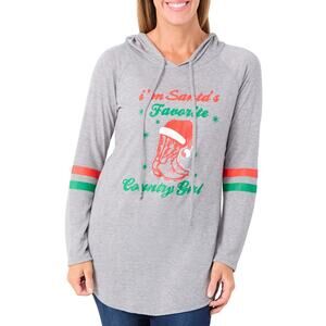 Womens Christmas Sz L Santa’s Favorite Country Girl Holiday Hooded LS Top NWT
